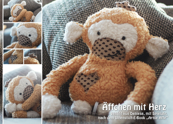 Süßer Affe mit Herz und Spieluhr, genäht von Denise nach dem binenstich-Ebook "Arni Affe" | binenstich.de